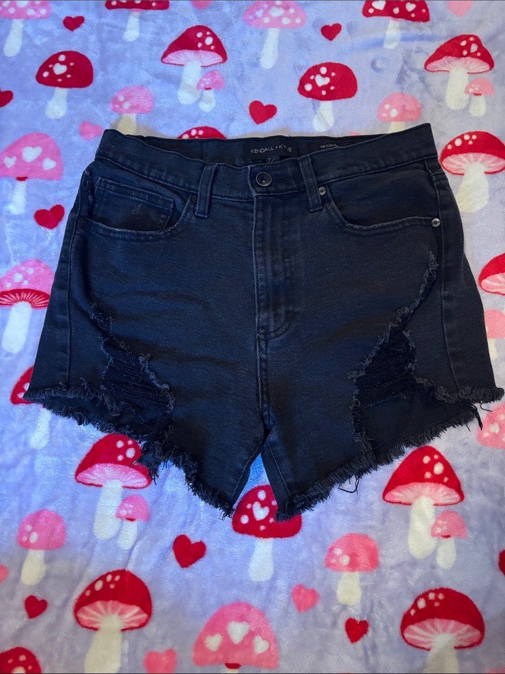 Kendall & Kylie Black Frayed High-Rise Distressed Denim Shorts